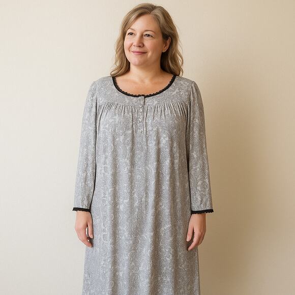 Eileen West Black and White Paisley Long Sleeve Nightgown Size 1X - Picture 1 of 8